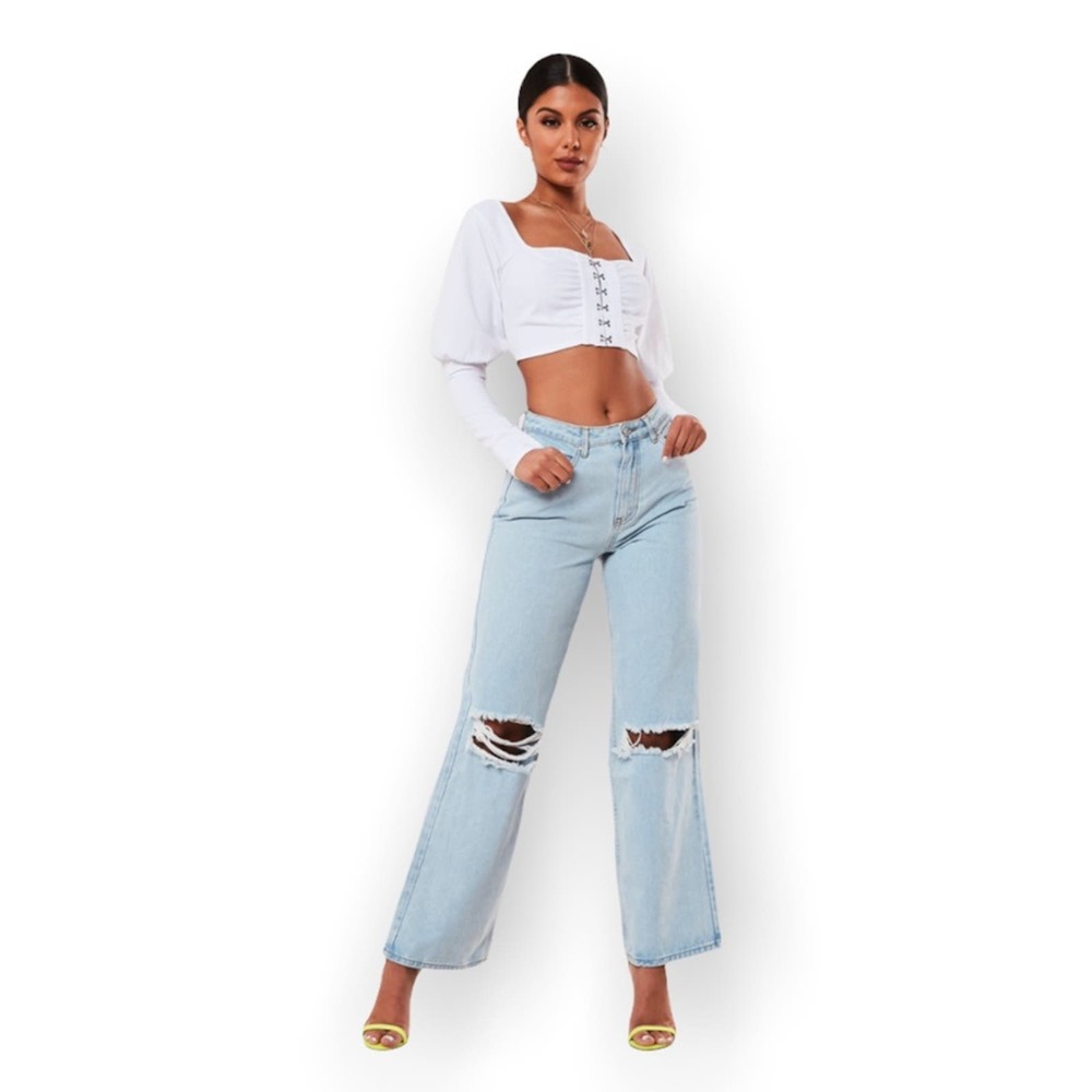 Missguided | White Puff Statement Sleeve Hook & Eye Crop Top •